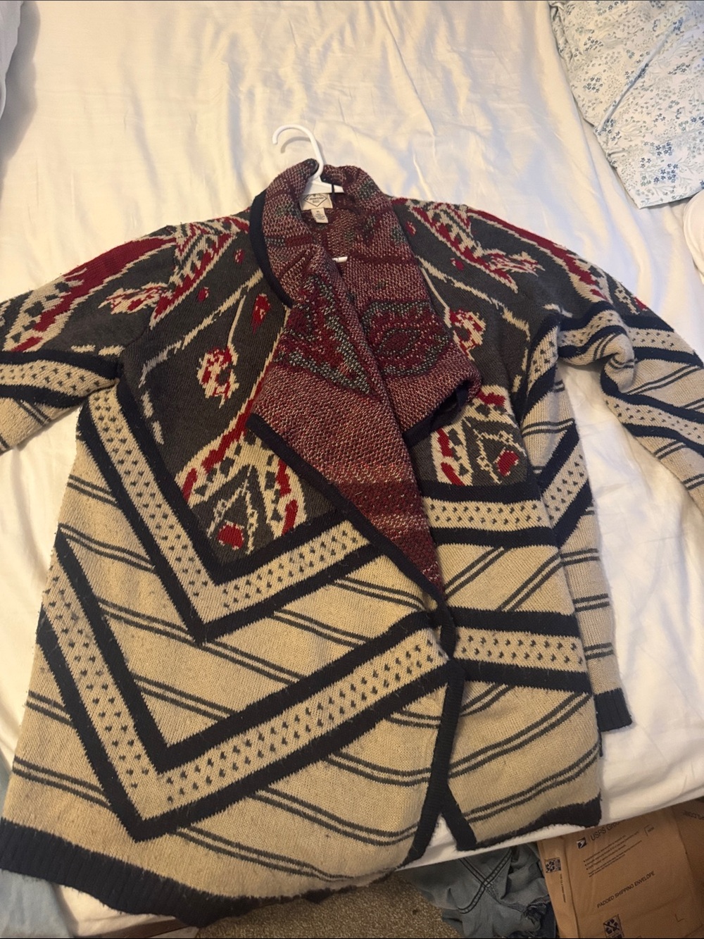 St. John\'s Bay Cream, Black & Red Patterned Knit Cape